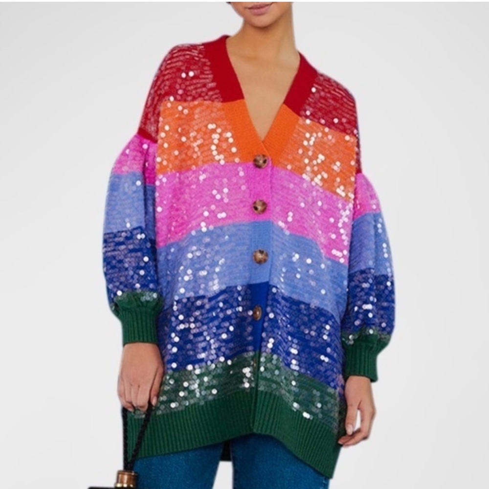 Farm Rio Rainbow Colorblock  Sequin Stripe Embroidered Cardigan size XS